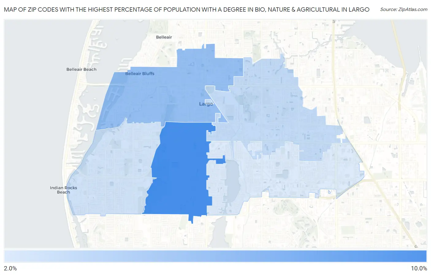 Zip Codes with the Highest Percentage of Population with a Degree in Bio, Nature & Agricultural in Largo Map