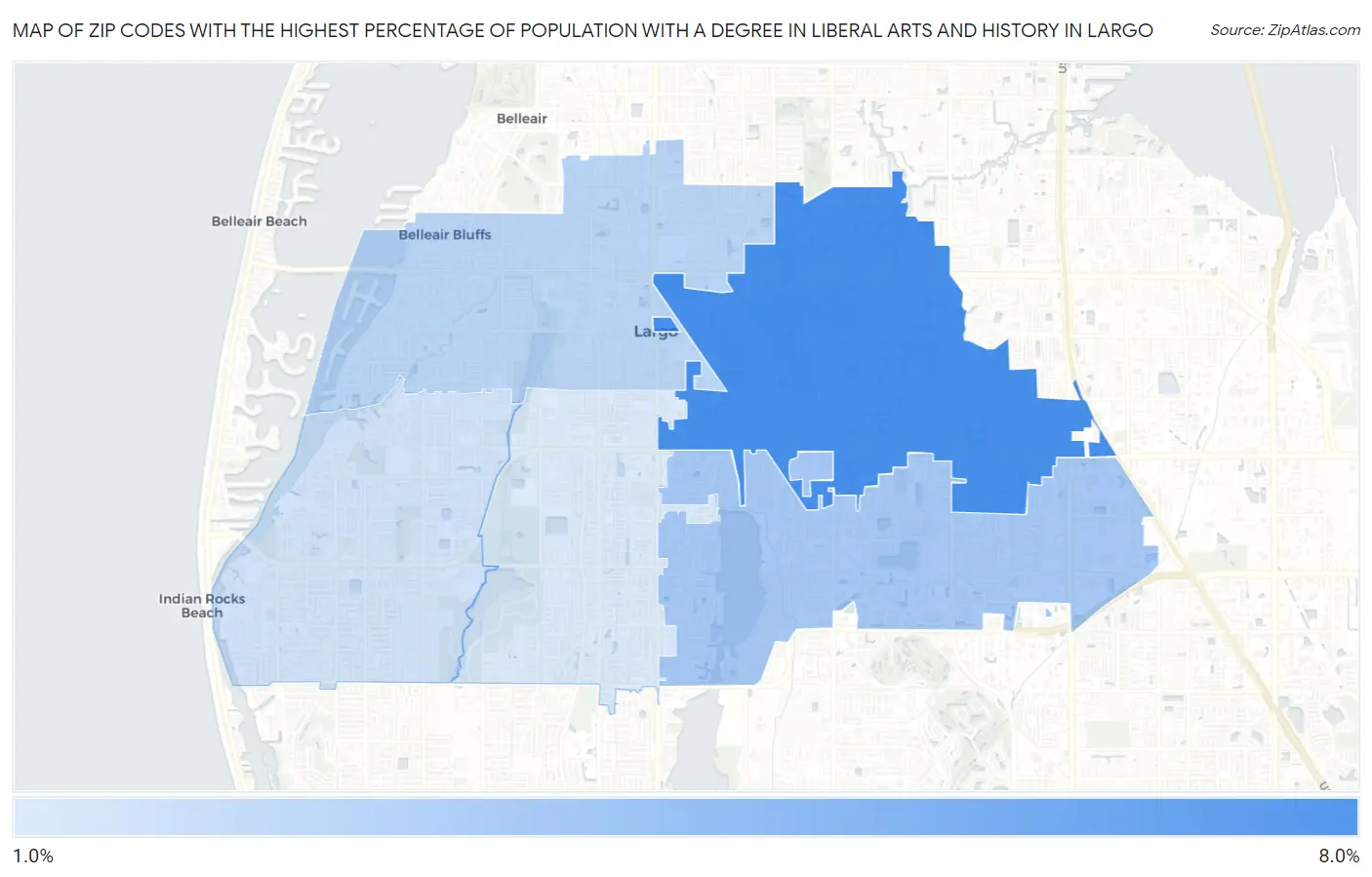 Zip Codes with the Highest Percentage of Population with a Degree in Liberal Arts and History in Largo Map