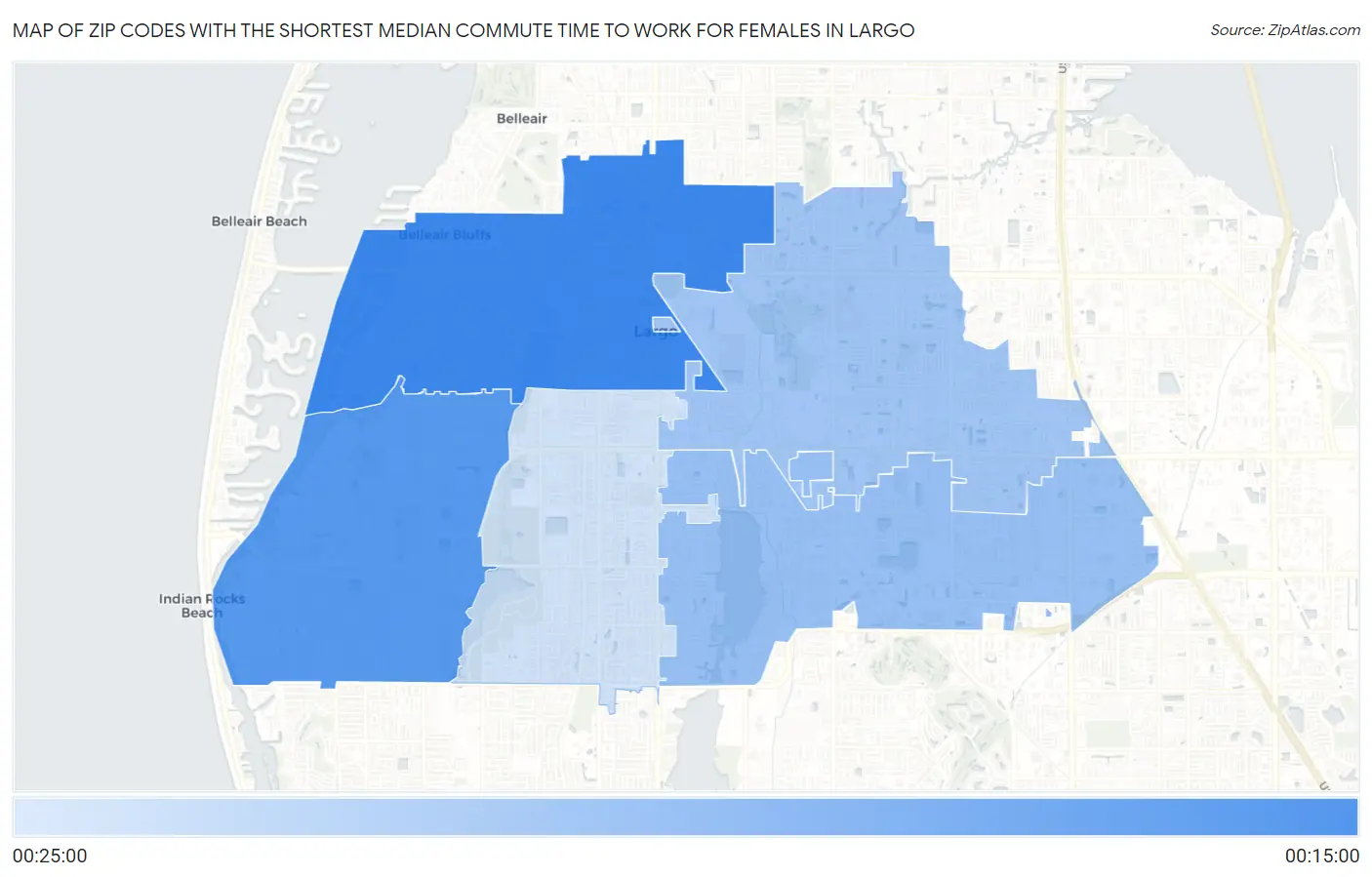 Zip Codes with the Shortest Median Commute Time to Work for Females in Largo Map