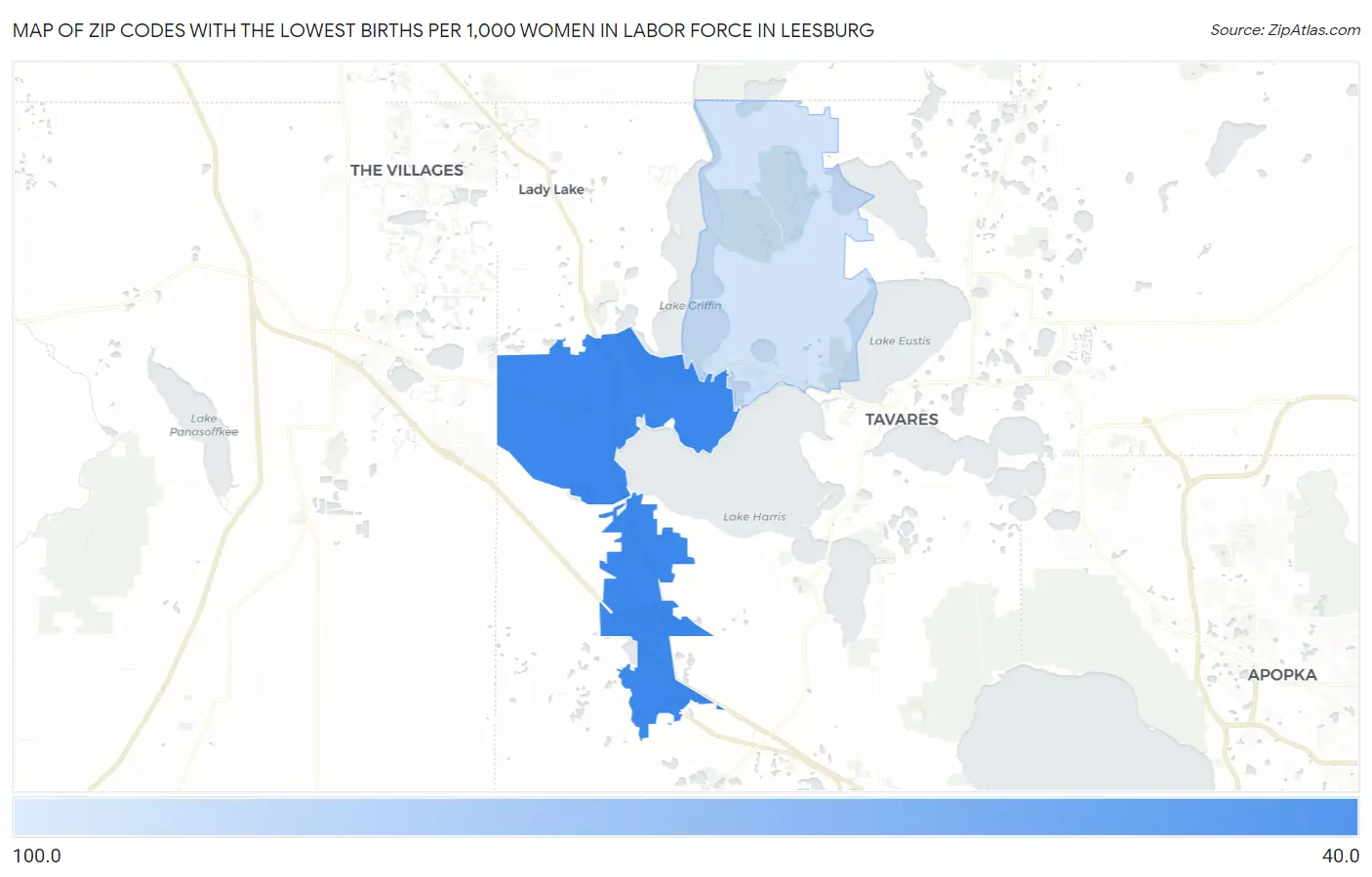 Zip Codes with the Lowest Births per 1,000 Women in Labor Force in Leesburg Map