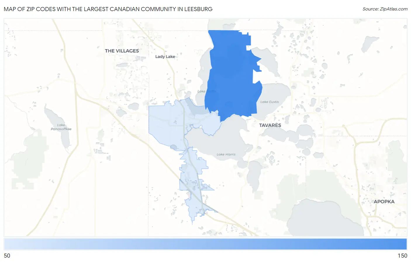Zip Codes with the Largest Canadian Community in Leesburg Map