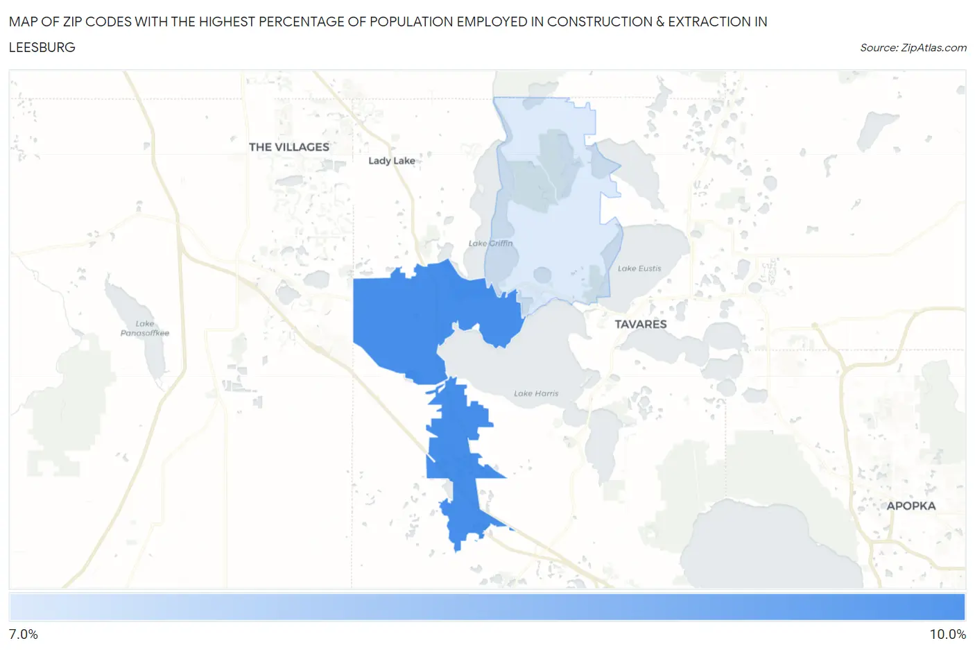 Zip Codes with the Highest Percentage of Population Employed in Construction & Extraction in Leesburg Map