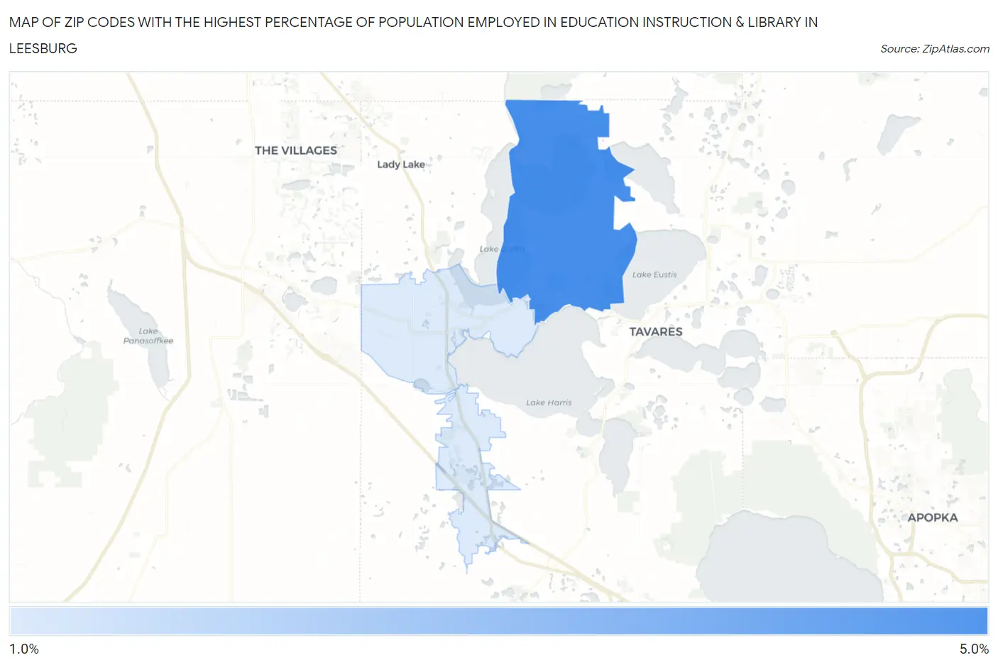 Zip Codes with the Highest Percentage of Population Employed in Education Instruction & Library in Leesburg Map