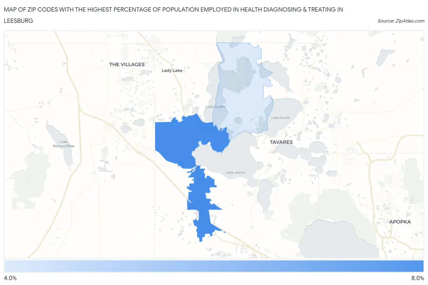 Zip Codes with the Highest Percentage of Population Employed in Health Diagnosing & Treating in Leesburg Map