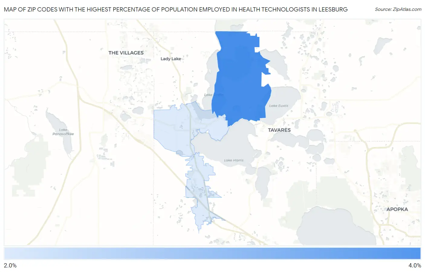 Zip Codes with the Highest Percentage of Population Employed in Health Technologists in Leesburg Map