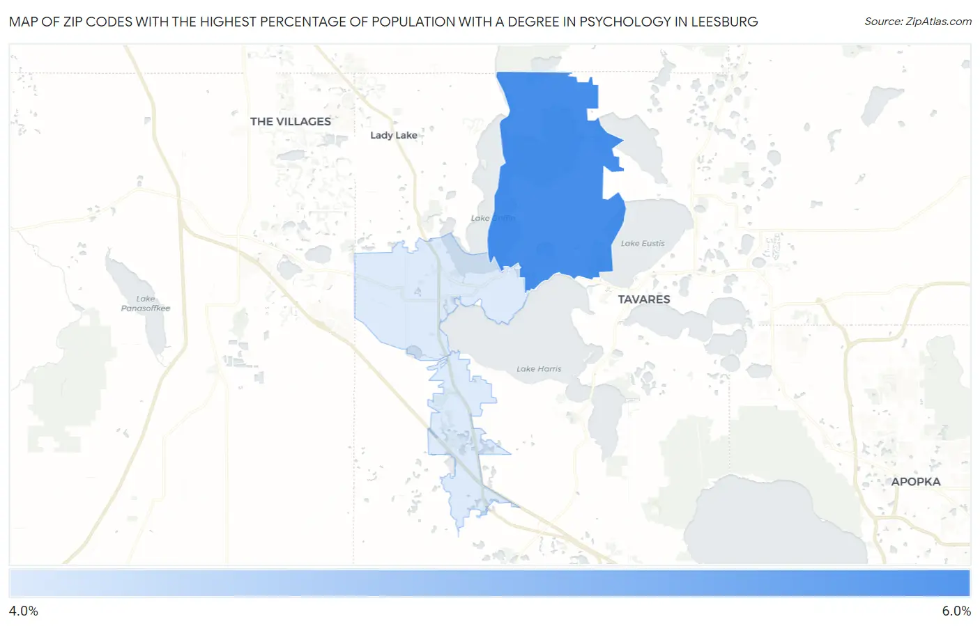 Zip Codes with the Highest Percentage of Population with a Degree in Psychology in Leesburg Map