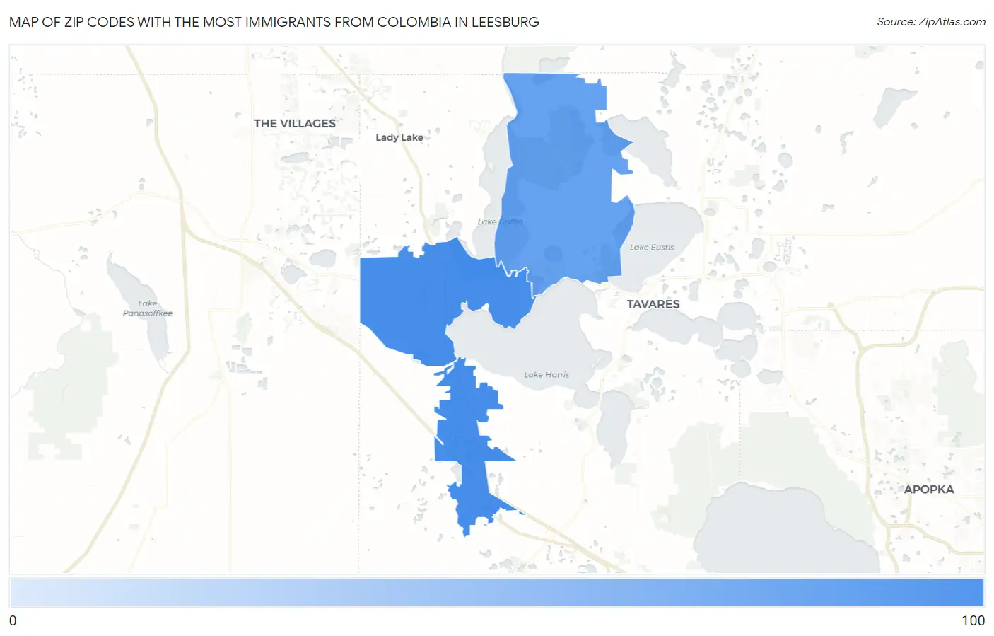 Zip Codes with the Most Immigrants from Colombia in Leesburg Map