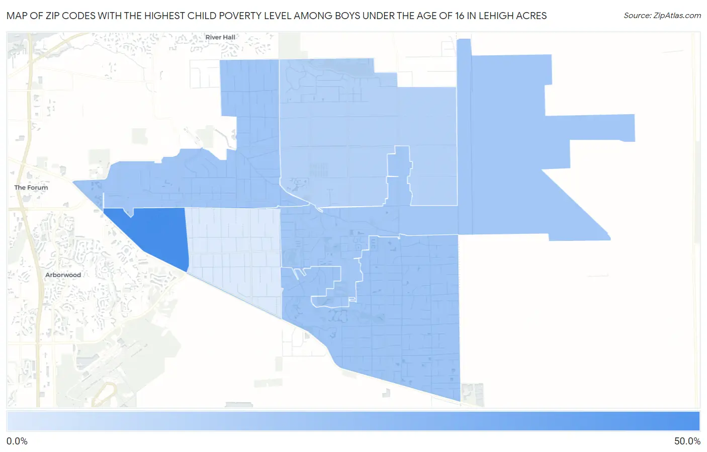 Zip Codes with the Highest Child Poverty Level Among Boys Under the Age of 16 in Lehigh Acres Map