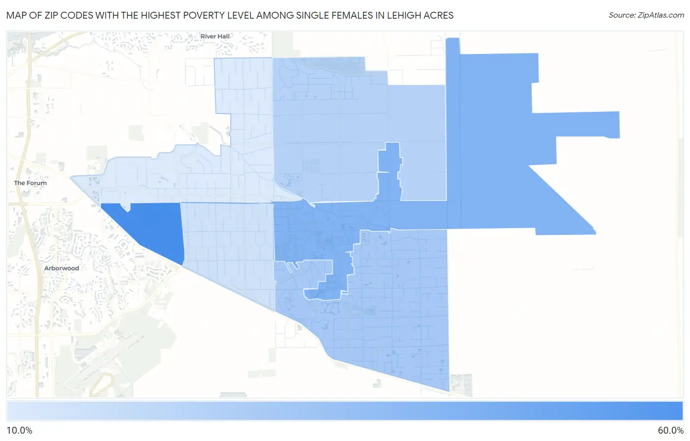 Zip Codes with the Highest Poverty Level Among Single Females in Lehigh Acres Map
