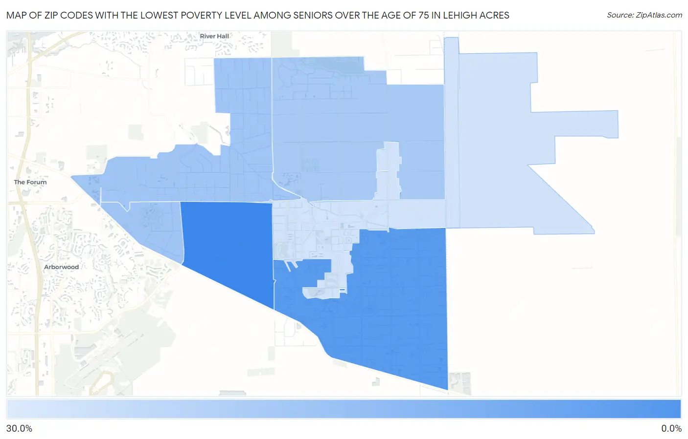 Zip Codes with the Lowest Poverty Level Among Seniors Over the Age of 75 in Lehigh Acres Map