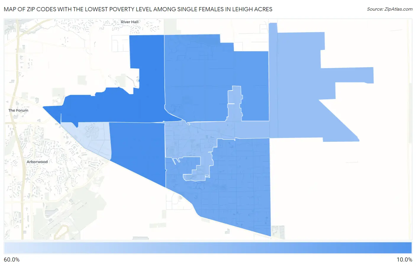 Zip Codes with the Lowest Poverty Level Among Single Females in Lehigh Acres Map