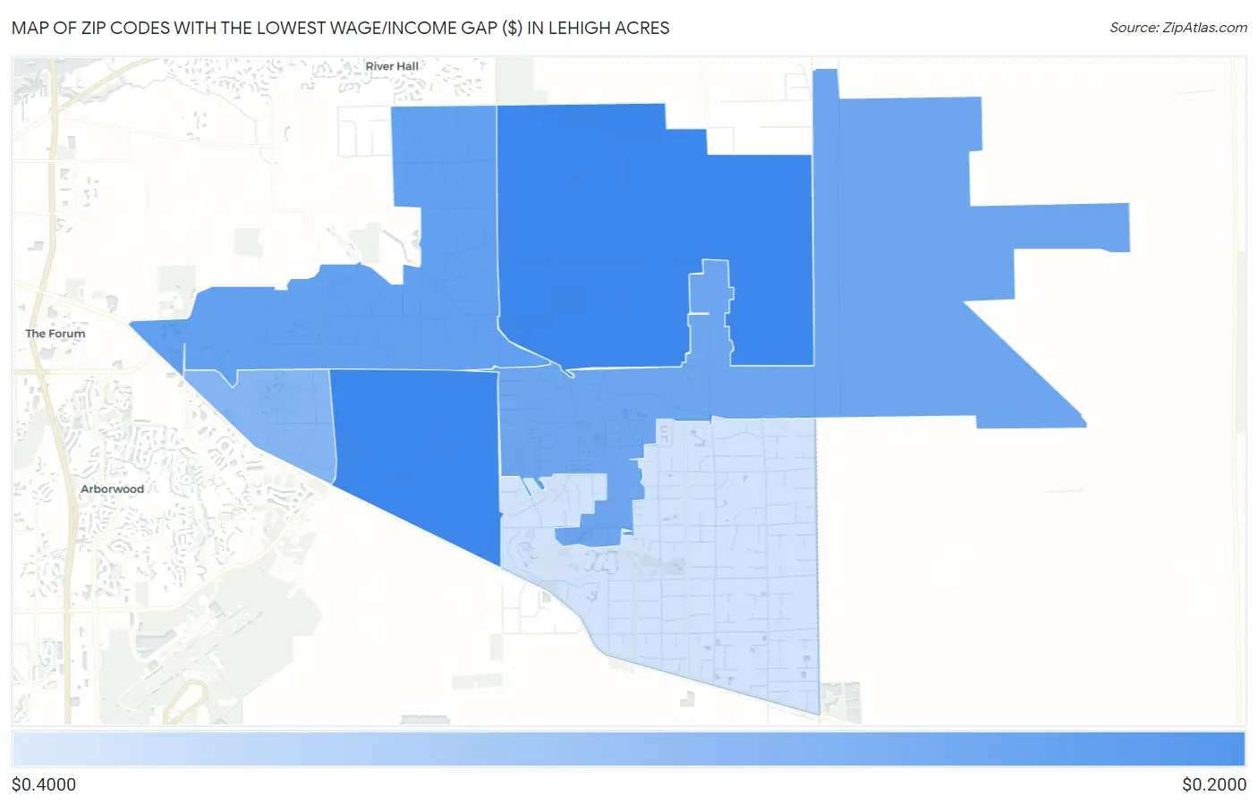 Zip Codes with the Lowest Wage/Income Gap ($) in Lehigh Acres Map