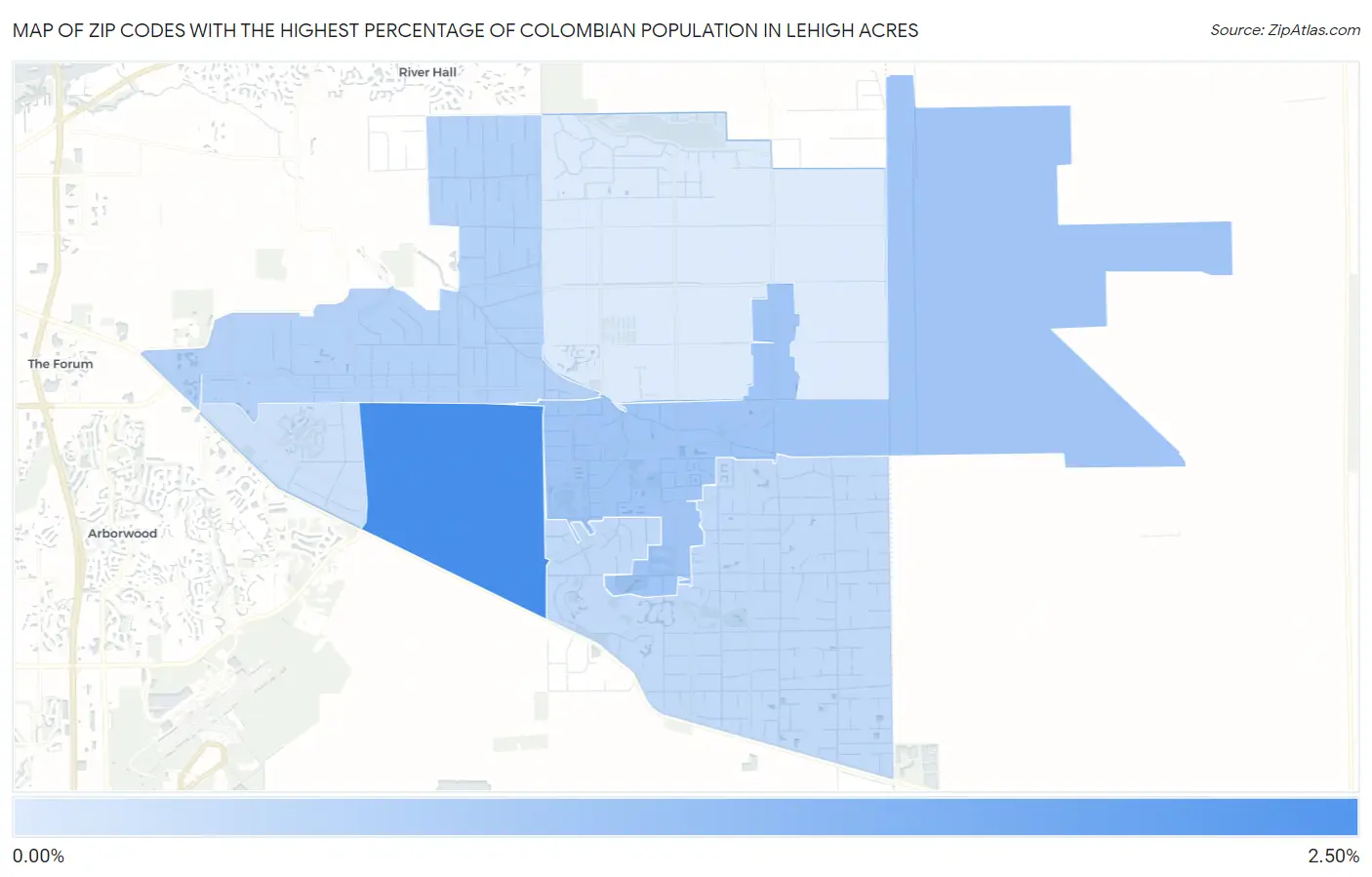 Zip Codes with the Highest Percentage of Colombian Population in Lehigh Acres Map