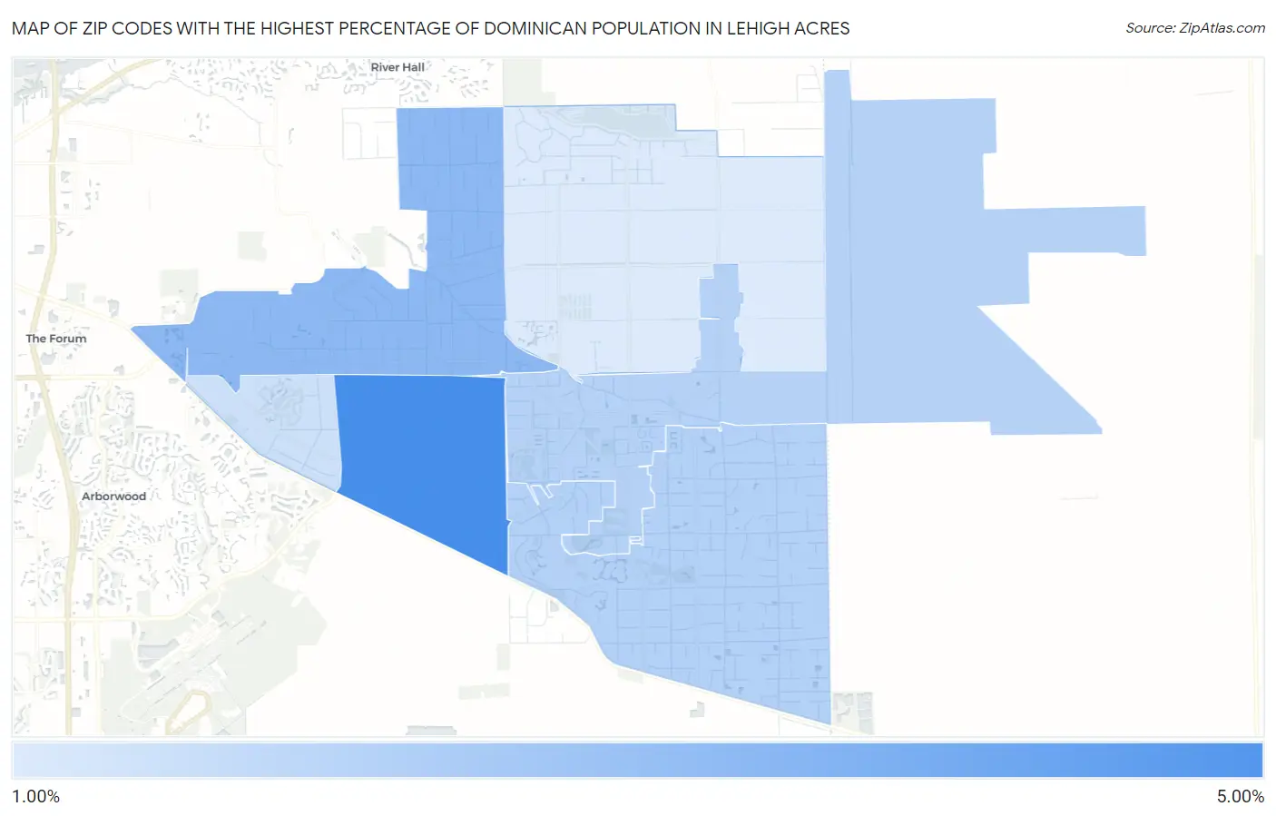 Zip Codes with the Highest Percentage of Dominican Population in Lehigh Acres Map