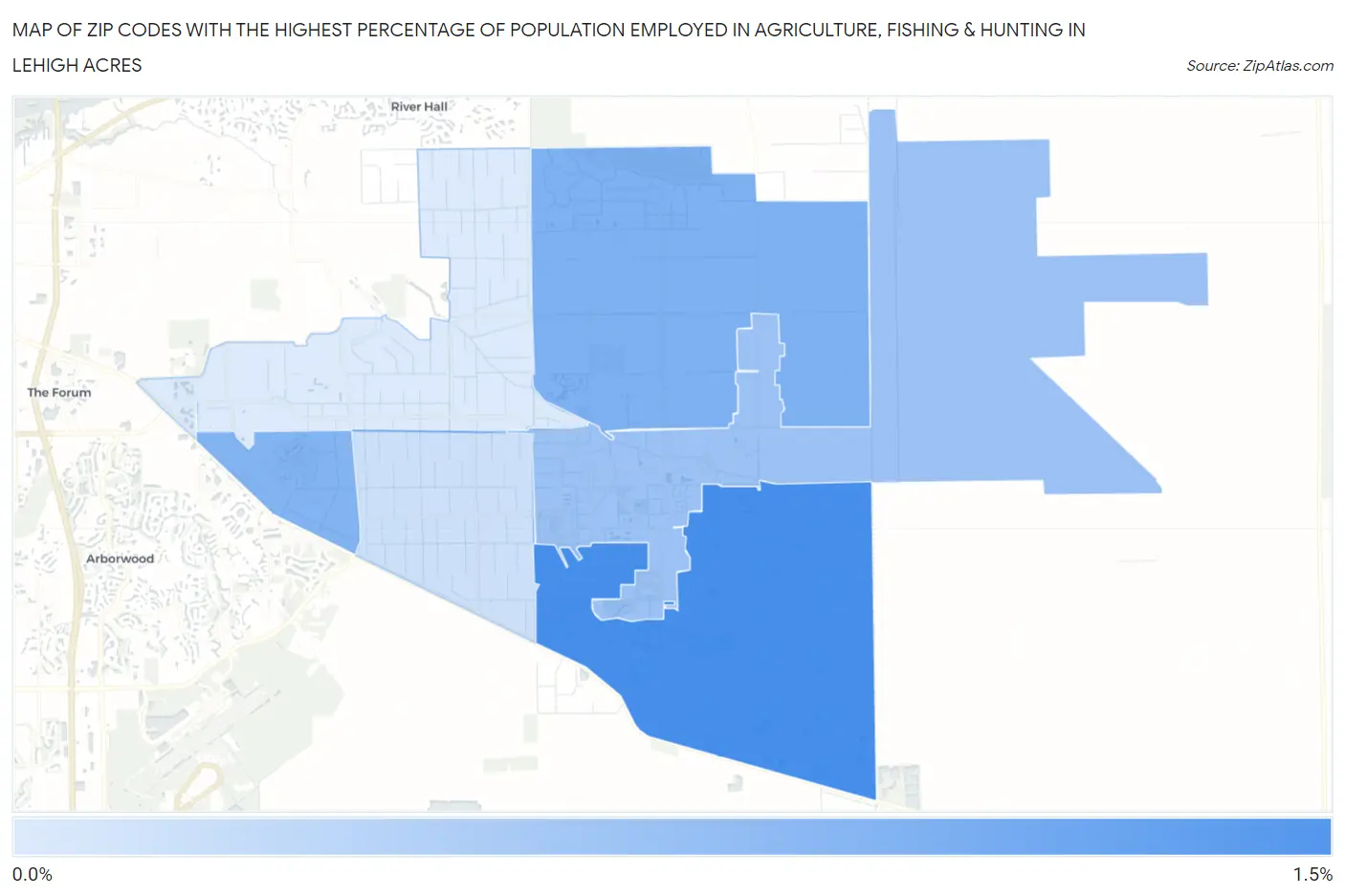 Zip Codes with the Highest Percentage of Population Employed in Agriculture, Fishing & Hunting in Lehigh Acres Map