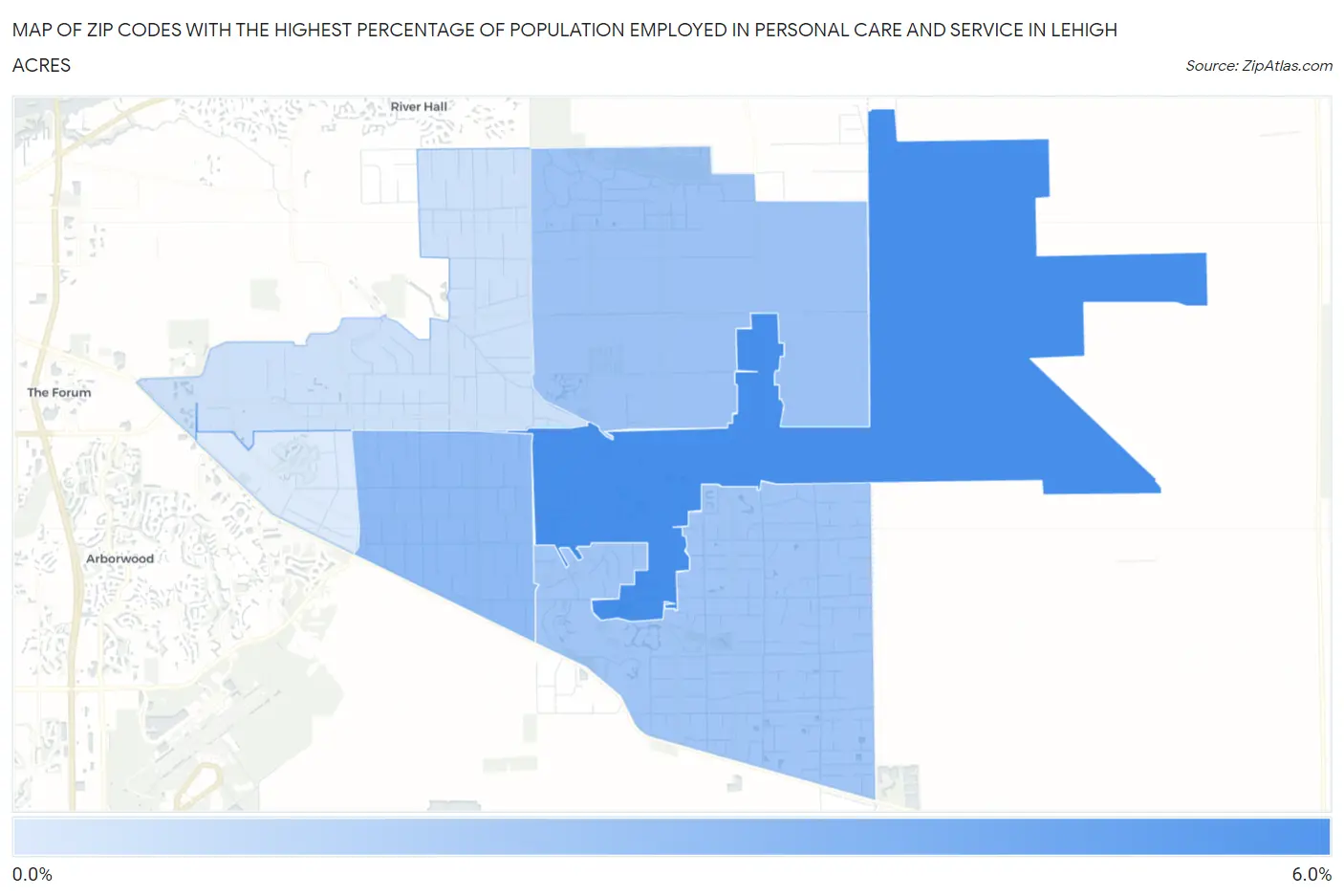 Zip Codes with the Highest Percentage of Population Employed in Personal Care and Service in Lehigh Acres Map