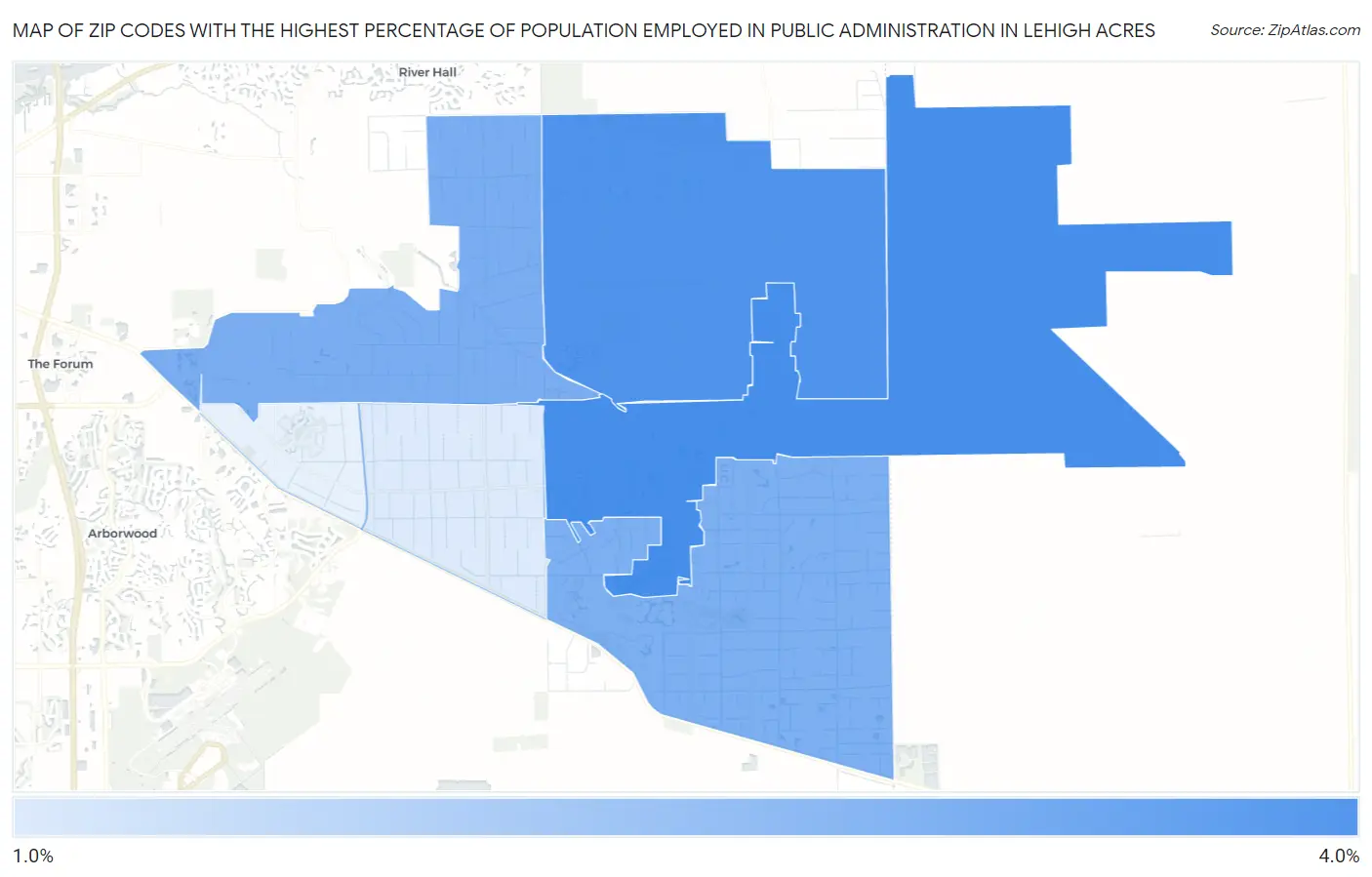 Zip Codes with the Highest Percentage of Population Employed in Public Administration in Lehigh Acres Map