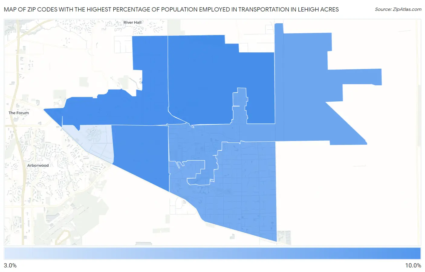 Zip Codes with the Highest Percentage of Population Employed in Transportation in Lehigh Acres Map