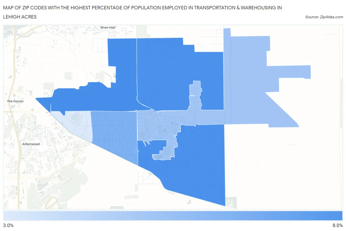 Zip Codes with the Highest Percentage of Population Employed in Transportation & Warehousing in Lehigh Acres Map