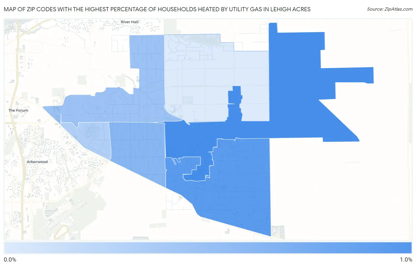 Zip Codes with the Highest Percentage of Households Heated by Utility Gas in Lehigh Acres Map