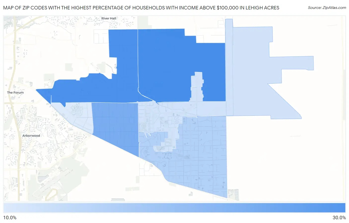 Zip Codes with the Highest Percentage of Households with Income Above $100,000 in Lehigh Acres Map