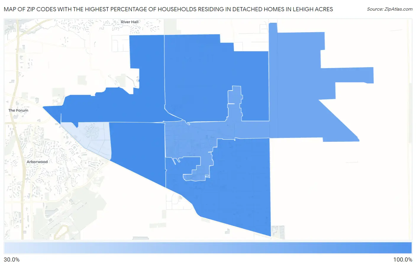 Zip Codes with the Highest Percentage of Households Residing in Detached Homes in Lehigh Acres Map
