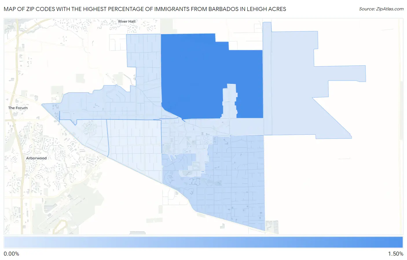 Zip Codes with the Highest Percentage of Immigrants from Barbados in Lehigh Acres Map