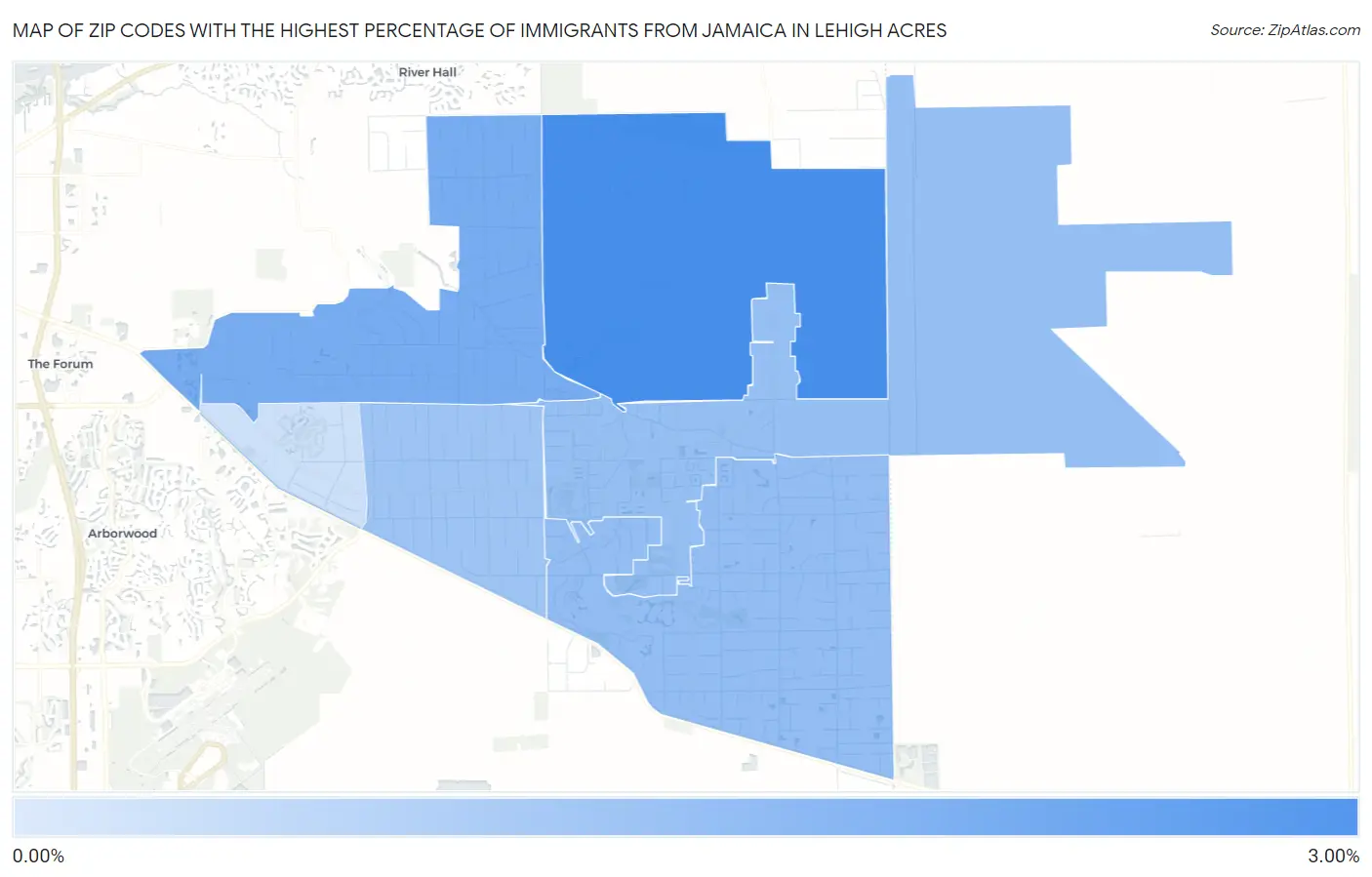 Zip Codes with the Highest Percentage of Immigrants from Jamaica in Lehigh Acres Map