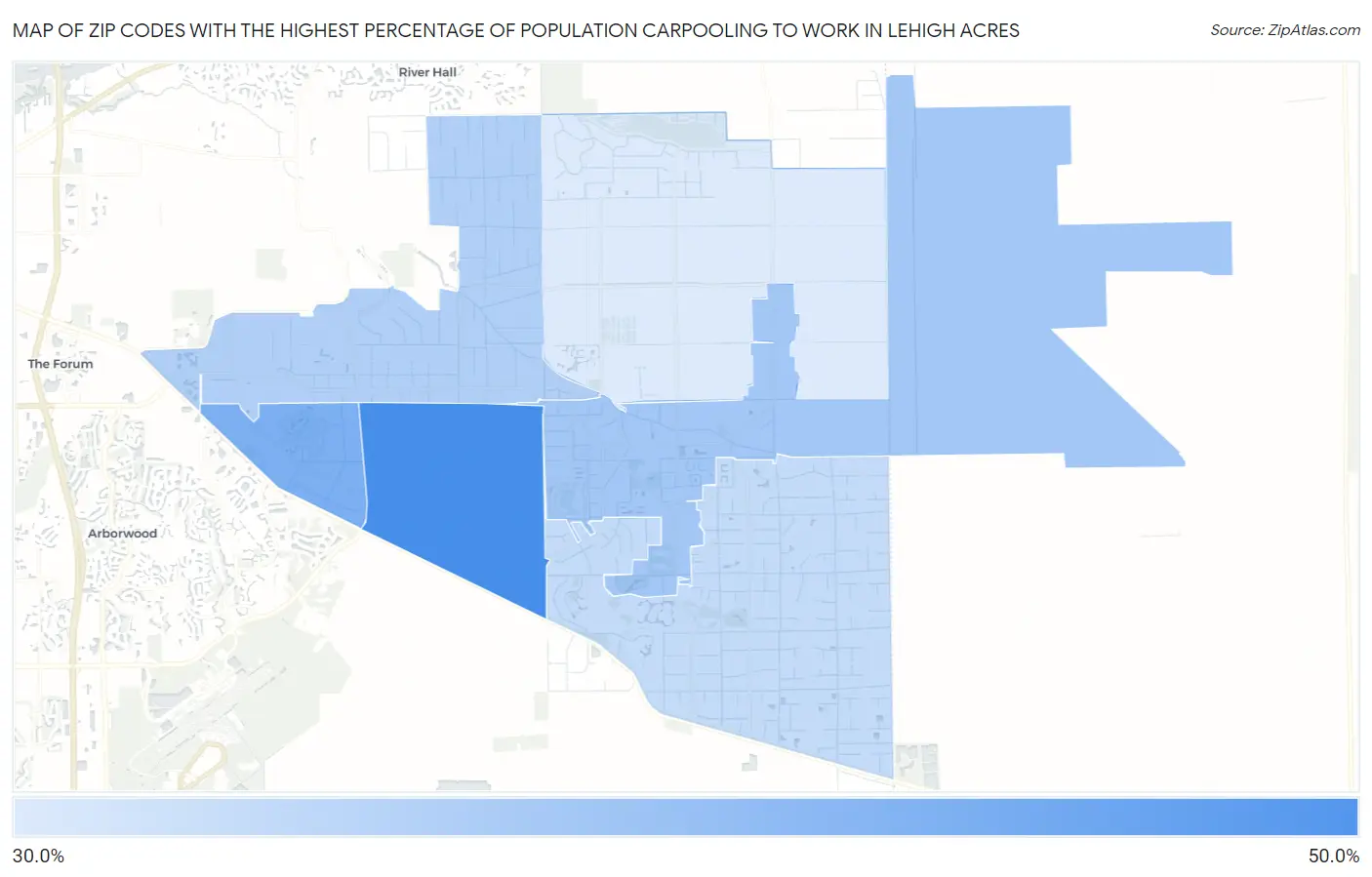 Zip Codes with the Highest Percentage of Population Carpooling to Work in Lehigh Acres Map