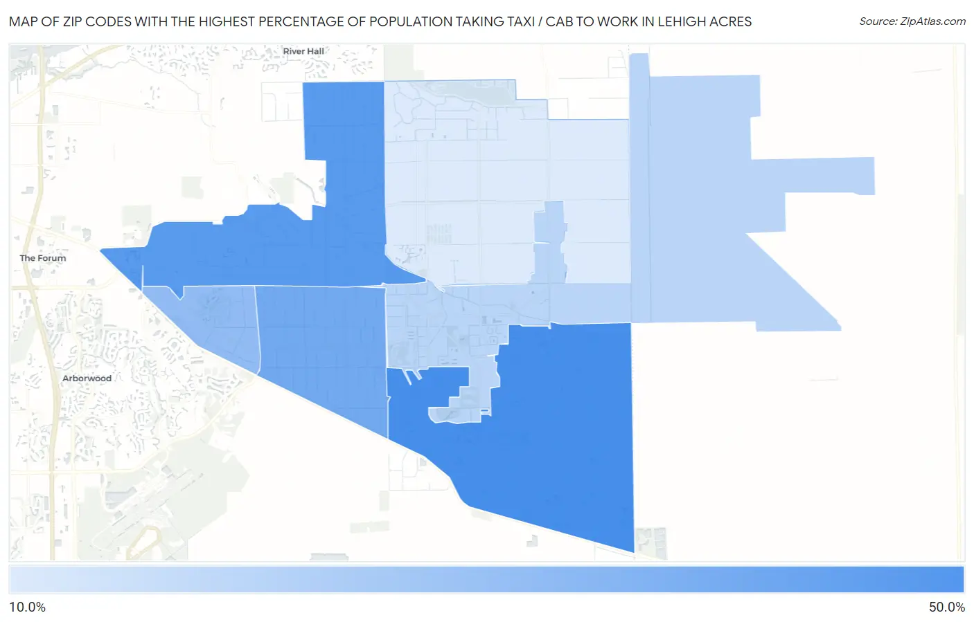 Zip Codes with the Highest Percentage of Population Taking Taxi / Cab to Work in Lehigh Acres Map