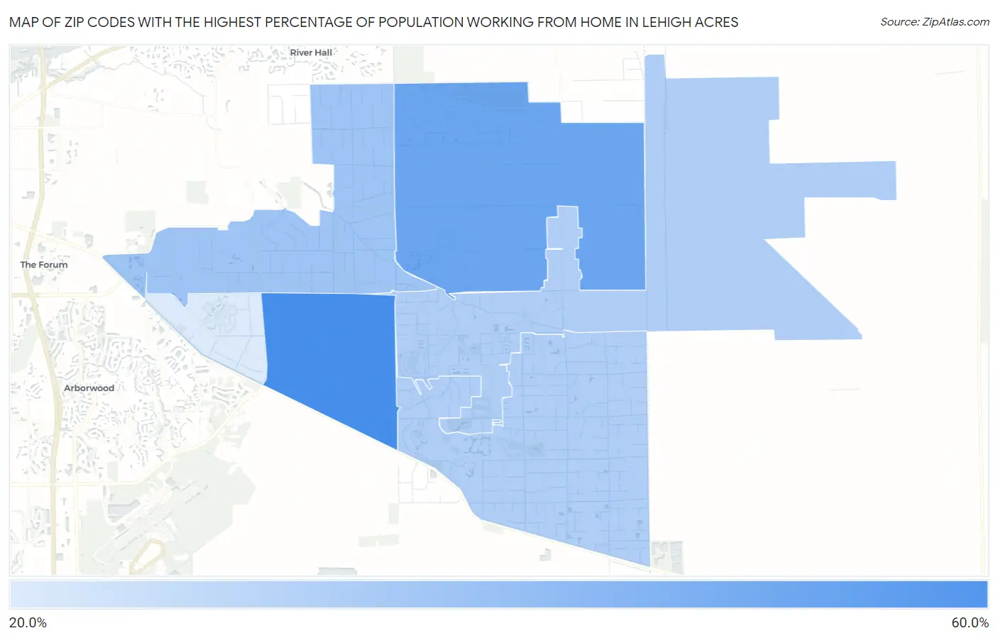 Zip Codes with the Highest Percentage of Population Working from Home in Lehigh Acres Map