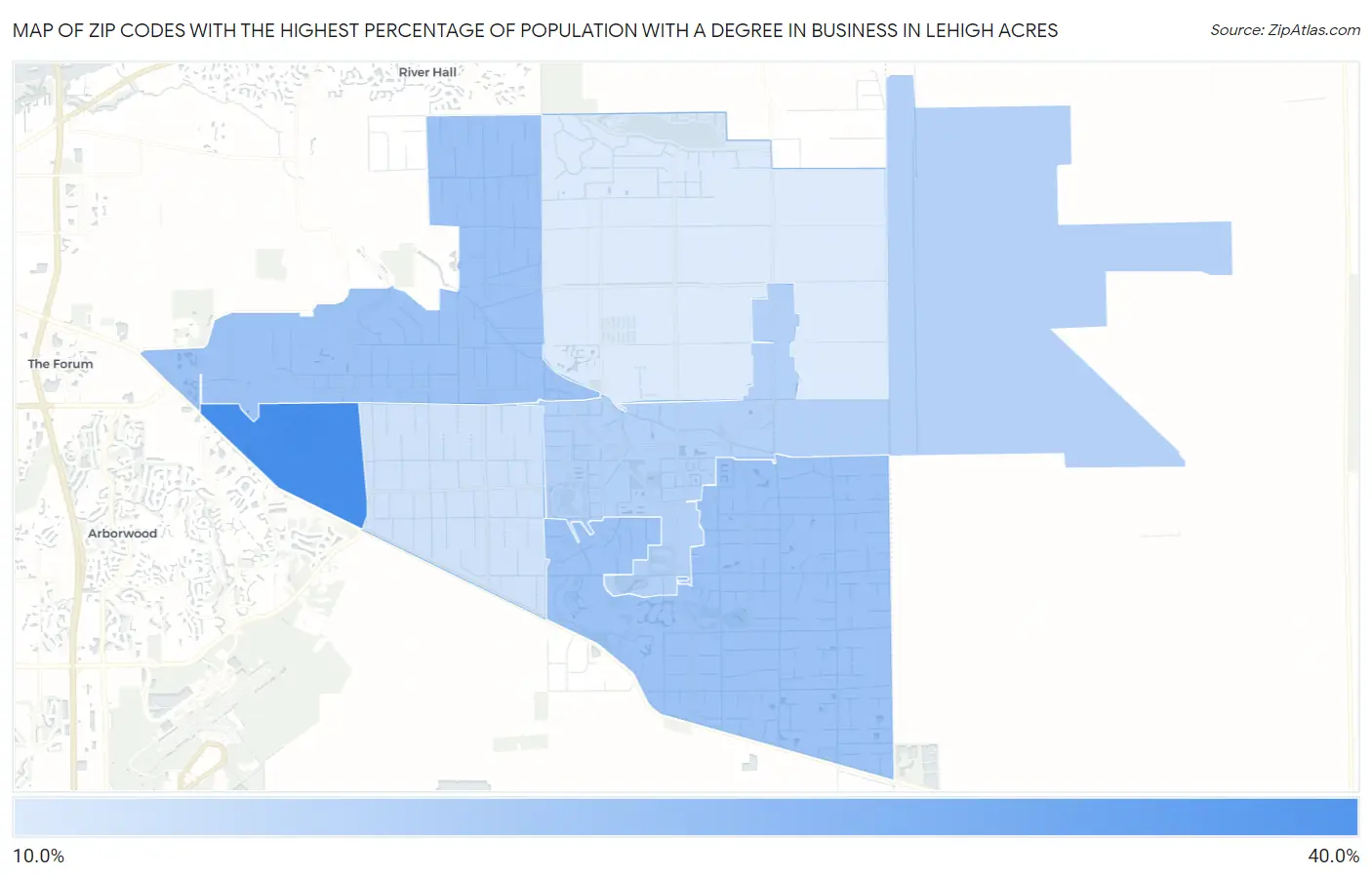 Zip Codes with the Highest Percentage of Population with a Degree in Business in Lehigh Acres Map