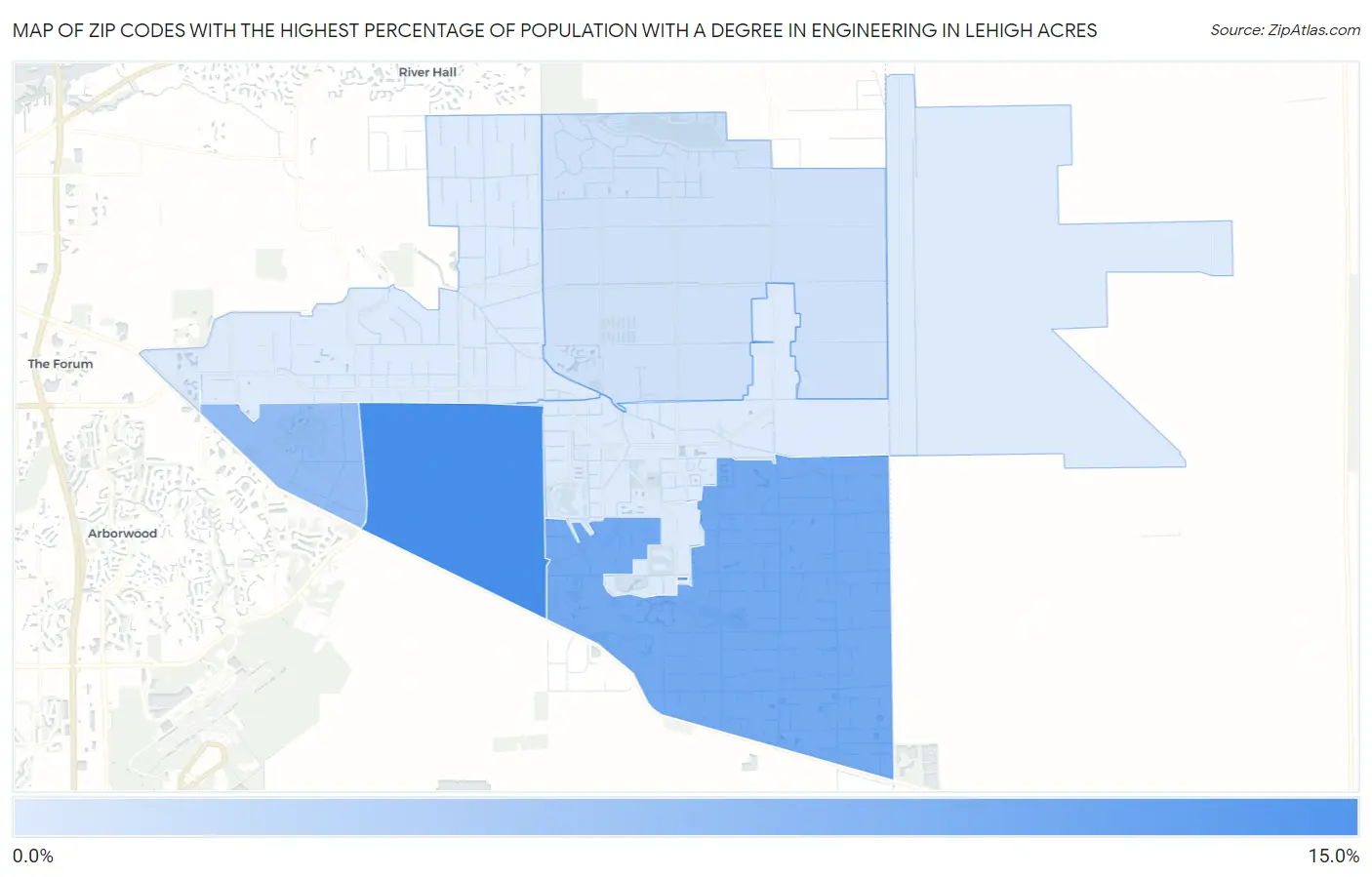 Zip Codes with the Highest Percentage of Population with a Degree in Engineering in Lehigh Acres Map