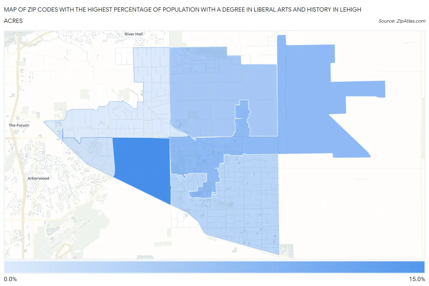 Zip Codes with the Highest Percentage of Population with a Degree in Liberal Arts and History in Lehigh Acres Map