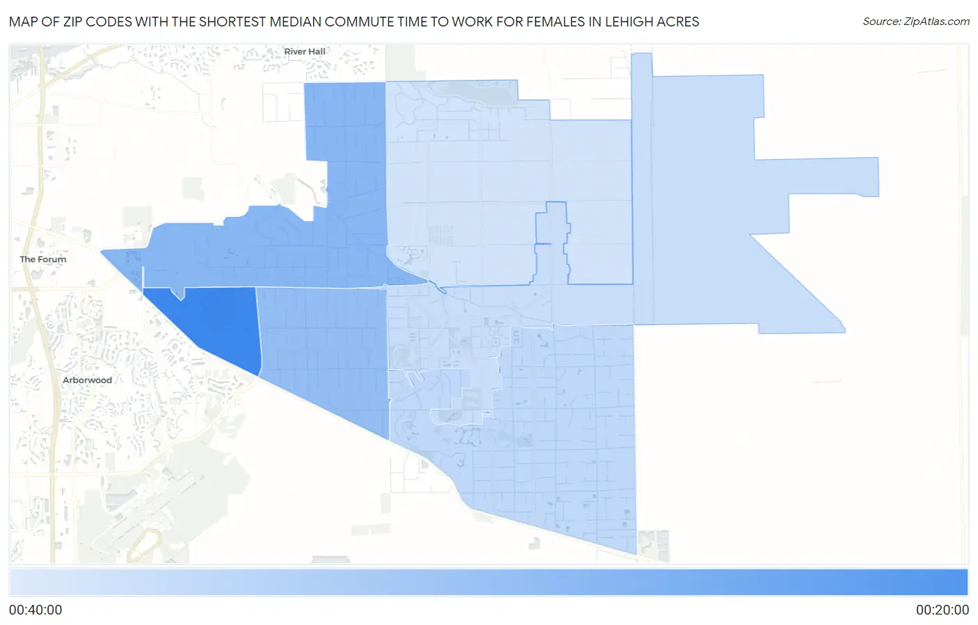 Zip Codes with the Shortest Median Commute Time to Work for Females in Lehigh Acres Map