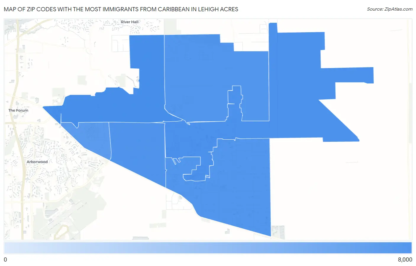 Zip Codes with the Most Immigrants from Caribbean in Lehigh Acres Map