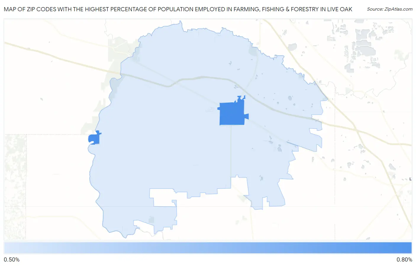 Zip Codes with the Highest Percentage of Population Employed in Farming, Fishing & Forestry in Live Oak Map
