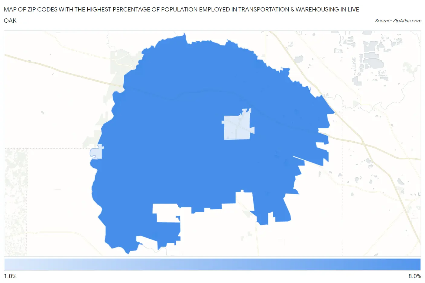 Zip Codes with the Highest Percentage of Population Employed in Transportation & Warehousing in Live Oak Map