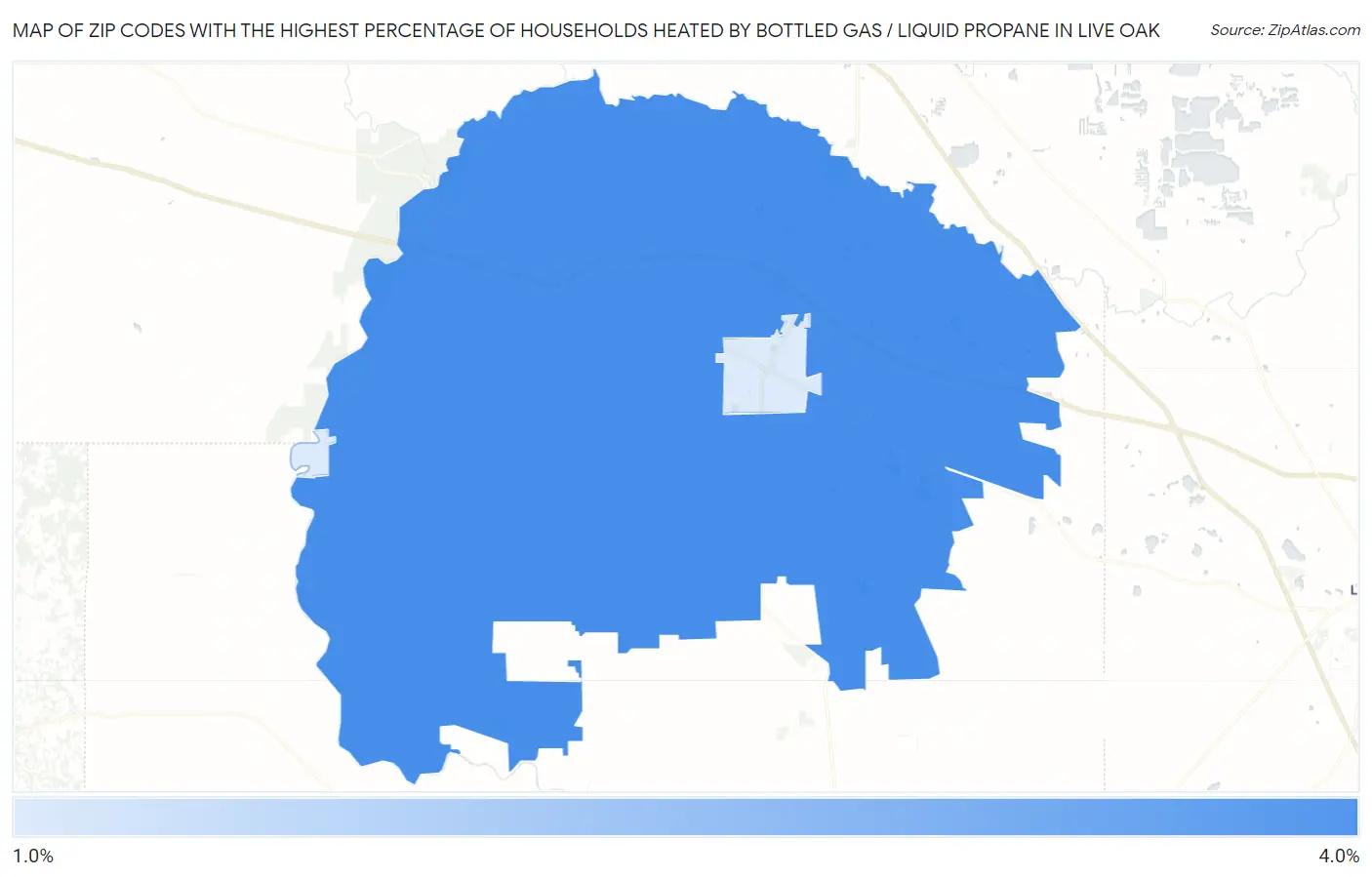 Zip Codes with the Highest Percentage of Households Heated by Bottled Gas / Liquid Propane in Live Oak Map