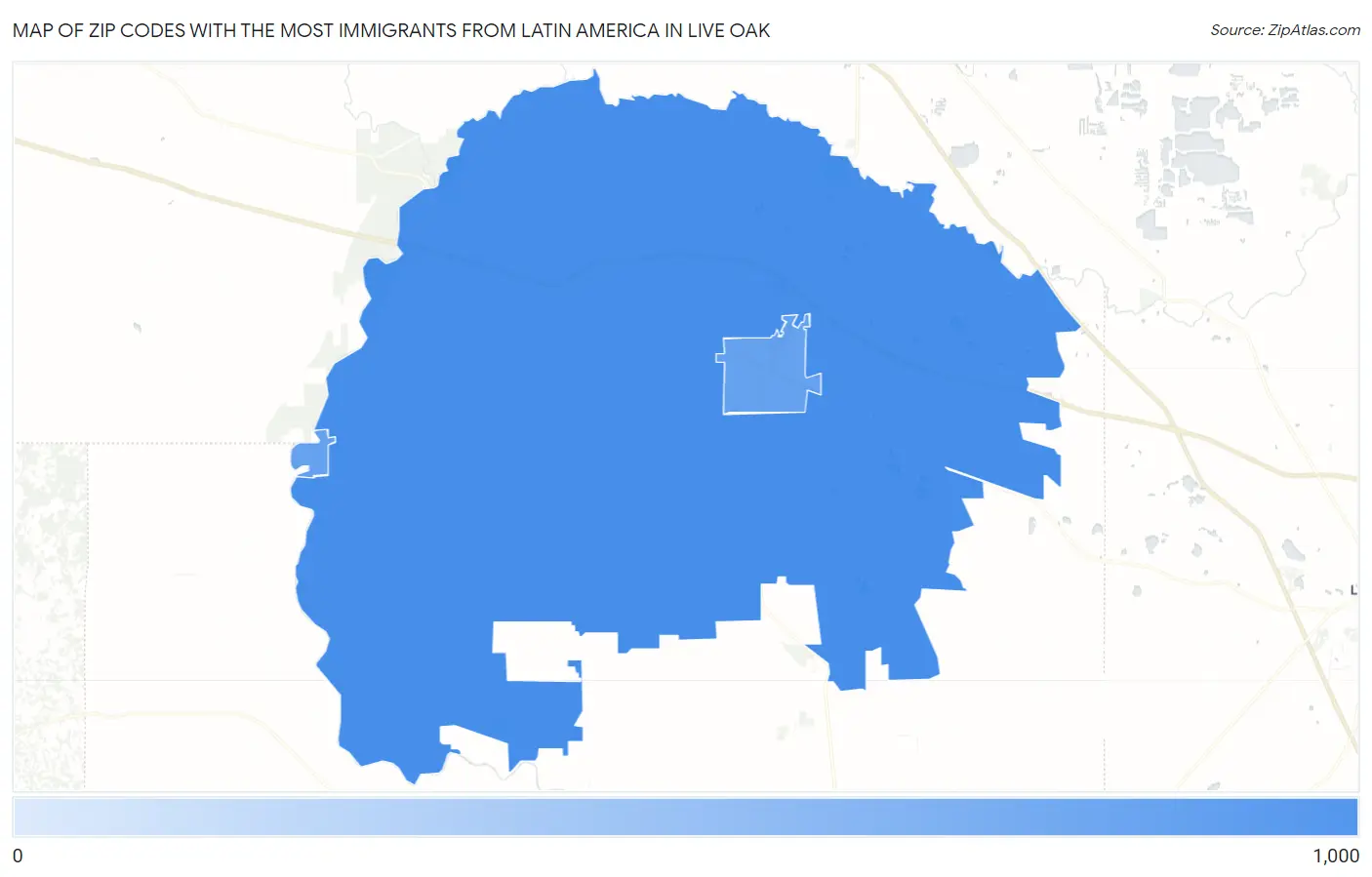 Zip Codes with the Most Immigrants from Latin America in Live Oak Map