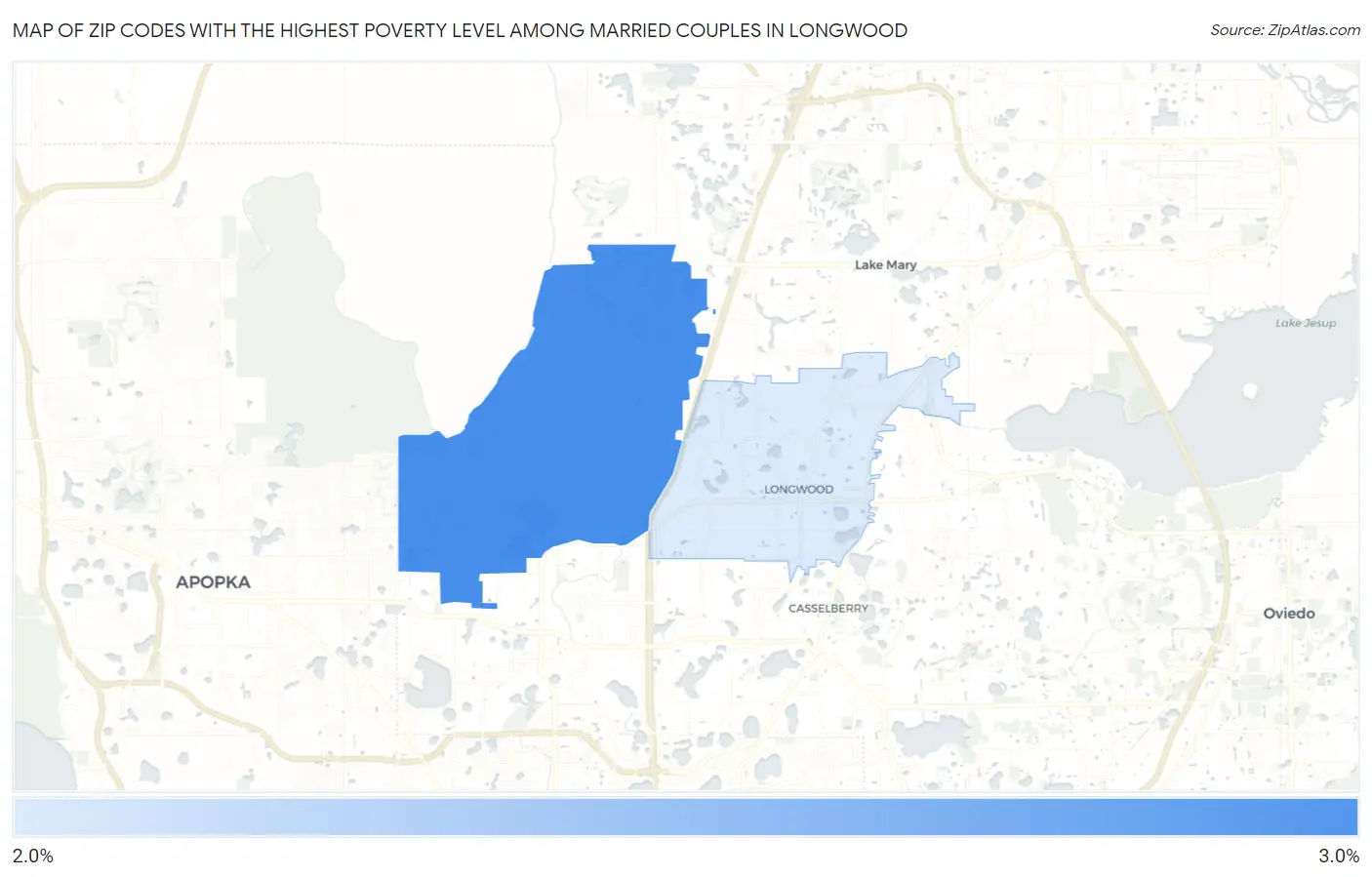 Zip Codes with the Highest Poverty Level Among Married Couples in Longwood Map
