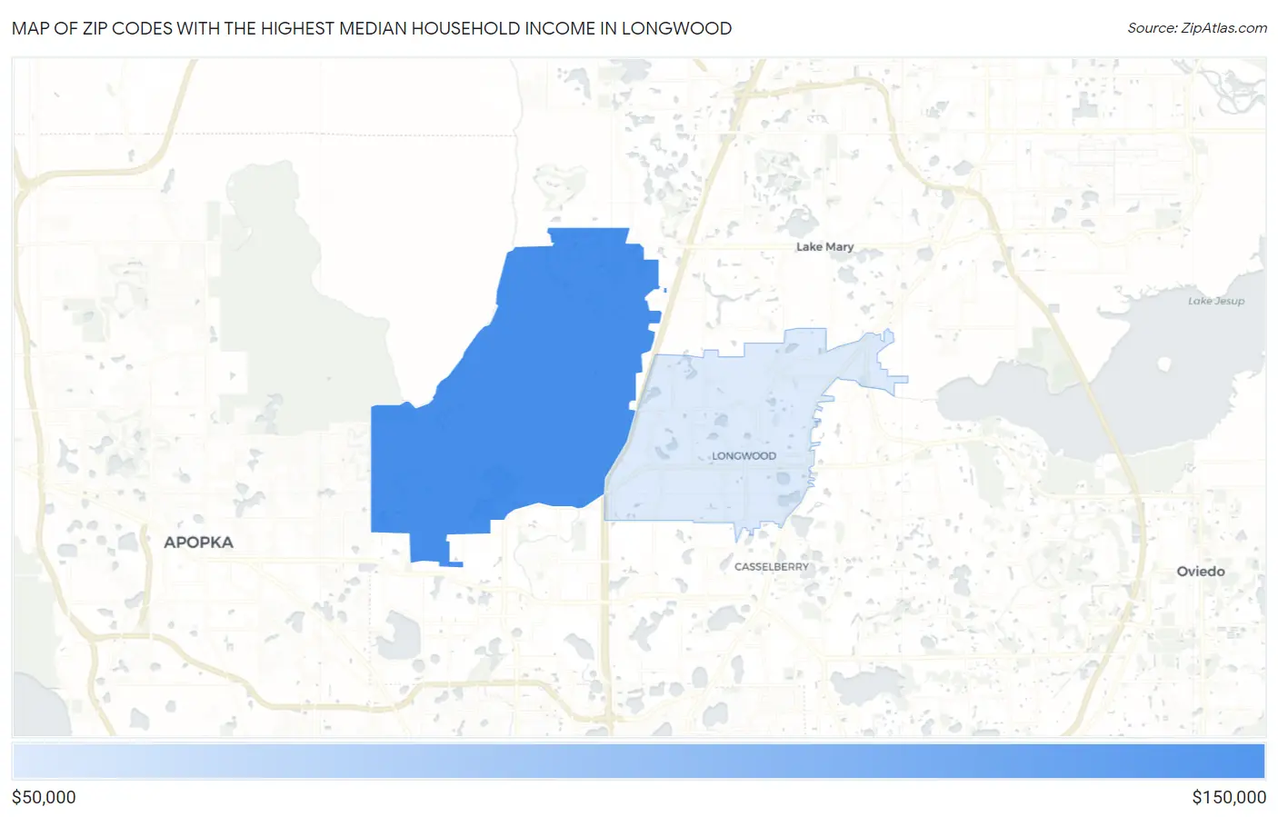 Zip Codes with the Highest Median Household Income in Longwood Map