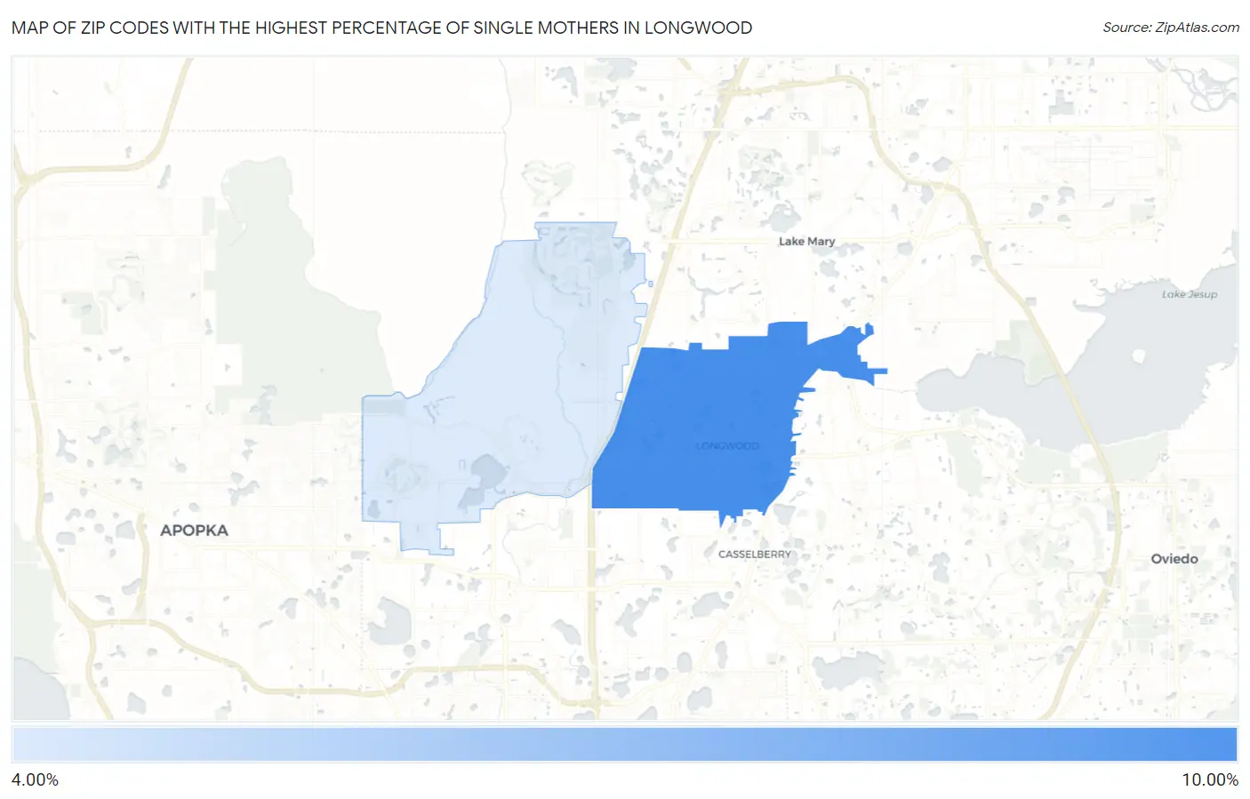 Zip Codes with the Highest Percentage of Single Mothers in Longwood Map