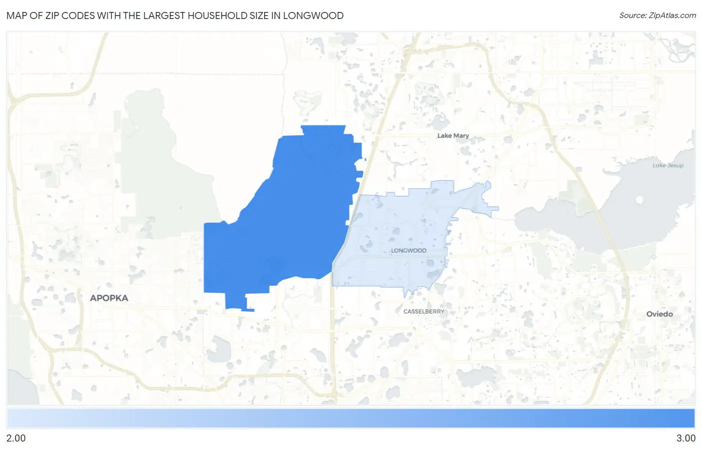 Zip Codes with the Largest Household Size in Longwood Map
