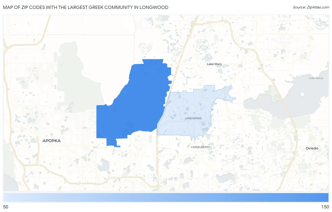 Zip Codes with the Largest Greek Community in Longwood Map
