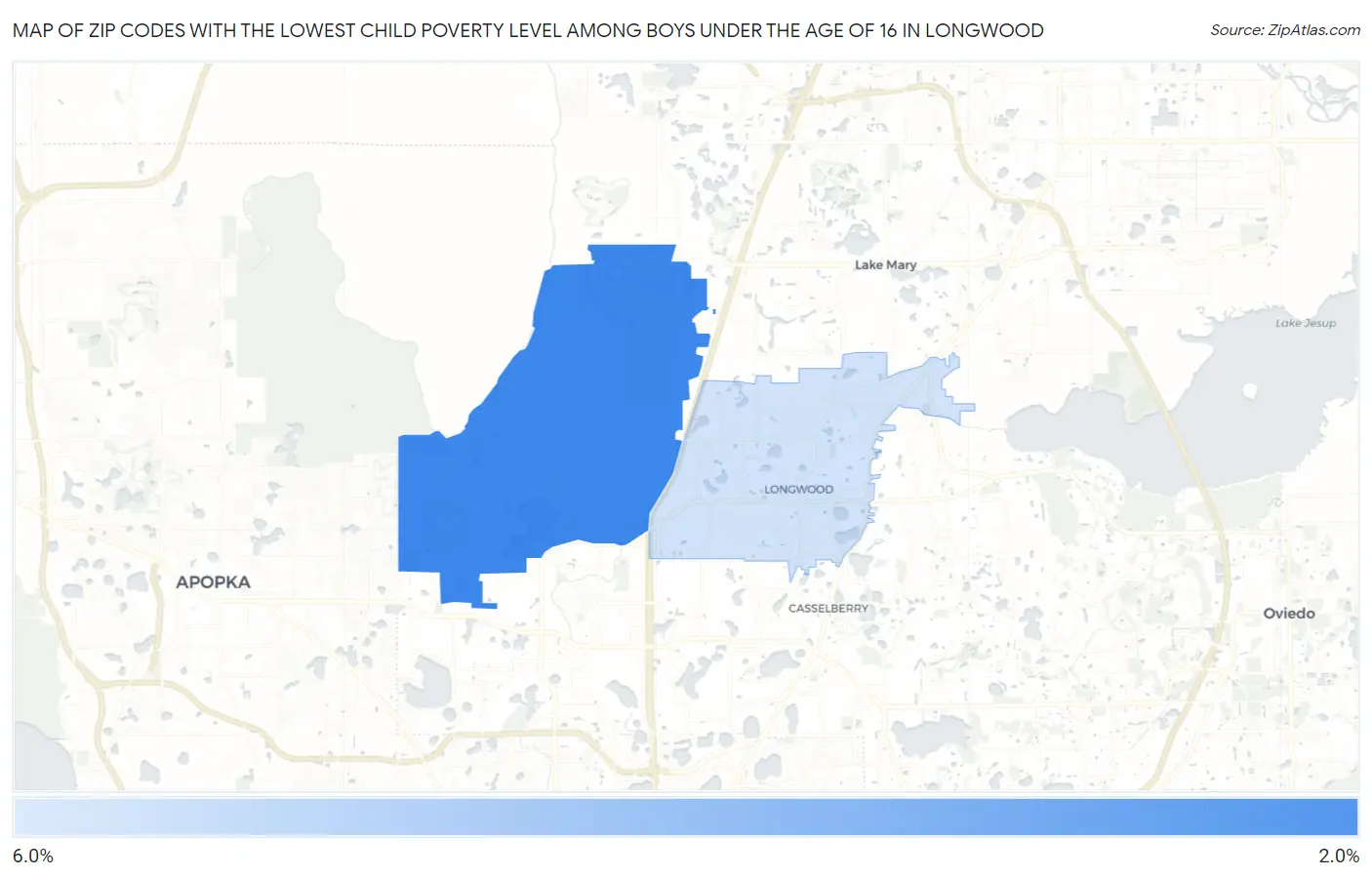 Zip Codes with the Lowest Child Poverty Level Among Boys Under the Age of 16 in Longwood Map