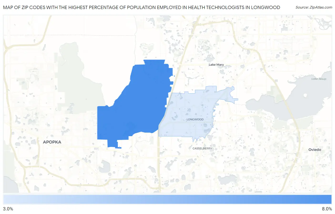 Zip Codes with the Highest Percentage of Population Employed in Health Technologists in Longwood Map