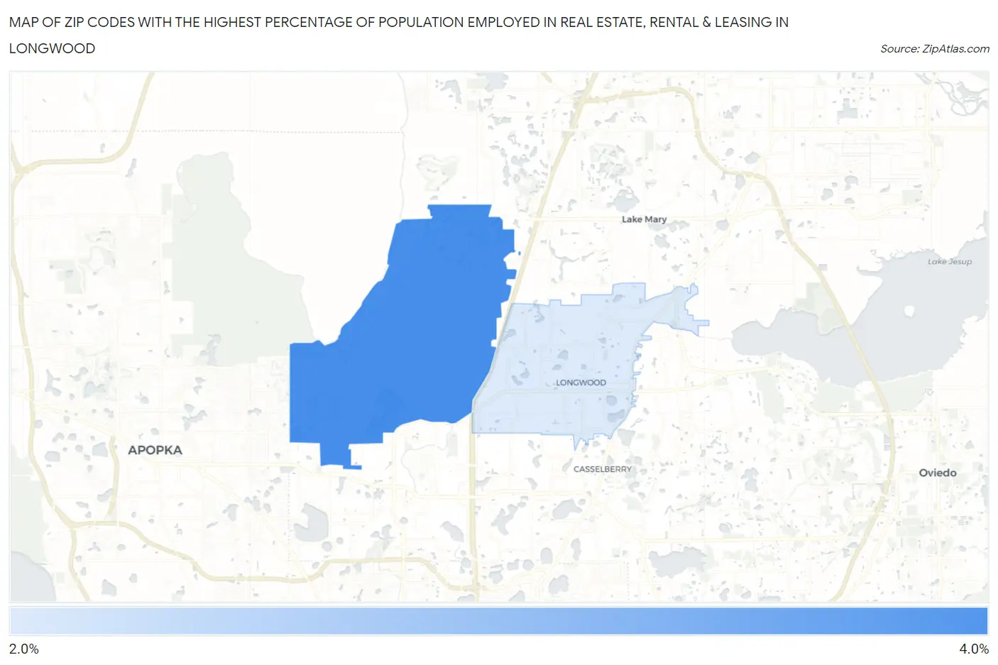 Zip Codes with the Highest Percentage of Population Employed in Real Estate, Rental & Leasing in Longwood Map