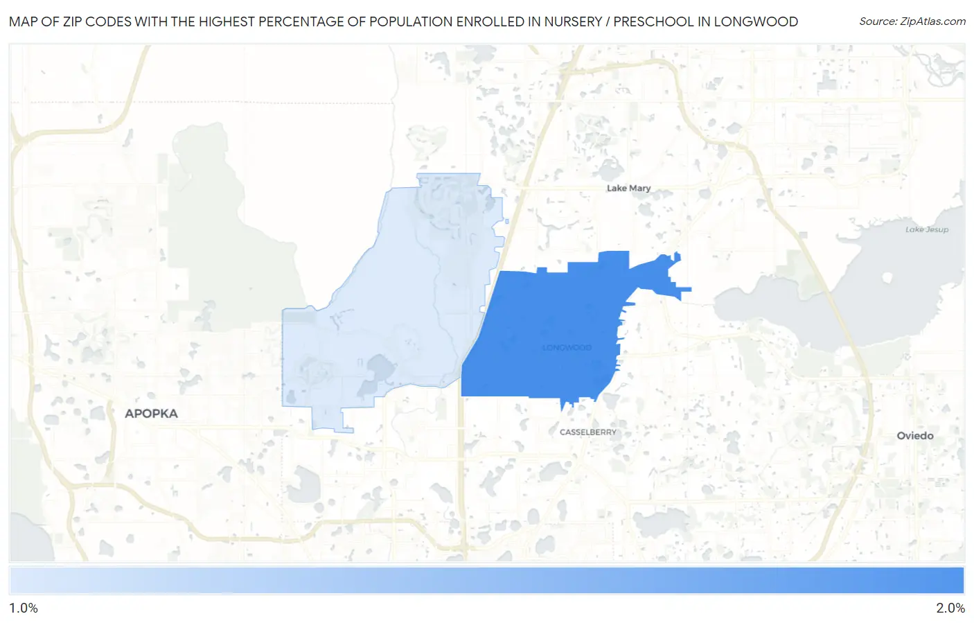 Zip Codes with the Highest Percentage of Population Enrolled in Nursery / Preschool in Longwood Map