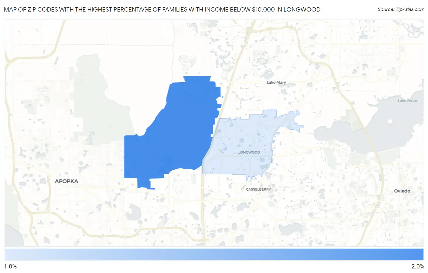 Zip Codes with the Highest Percentage of Families with Income Below $10,000 in Longwood Map